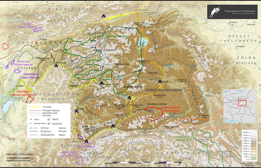 Map of the Pamir Highway jeep tour journey in Tajikistan, route and map of the Pamirs mountains