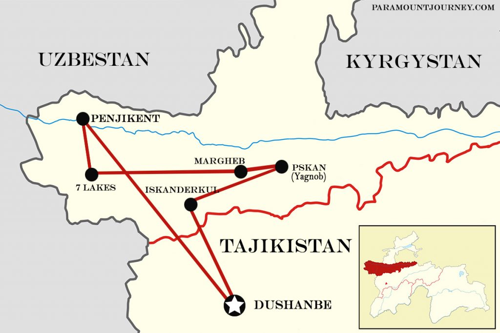 Silk road route, tours, map, Tajikistan and Zerafshan valley, Penjikent, Iskanderkul, yagnob valley, Shing, 7 seven lakes