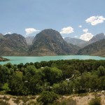 Iskandarkul lake, Alexander's hat in the distance, Fann Mountains Tajikistan