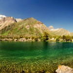 Bibijanat Lake, and Chimtarga mountains summit Fann Mountains, Tajikistan
